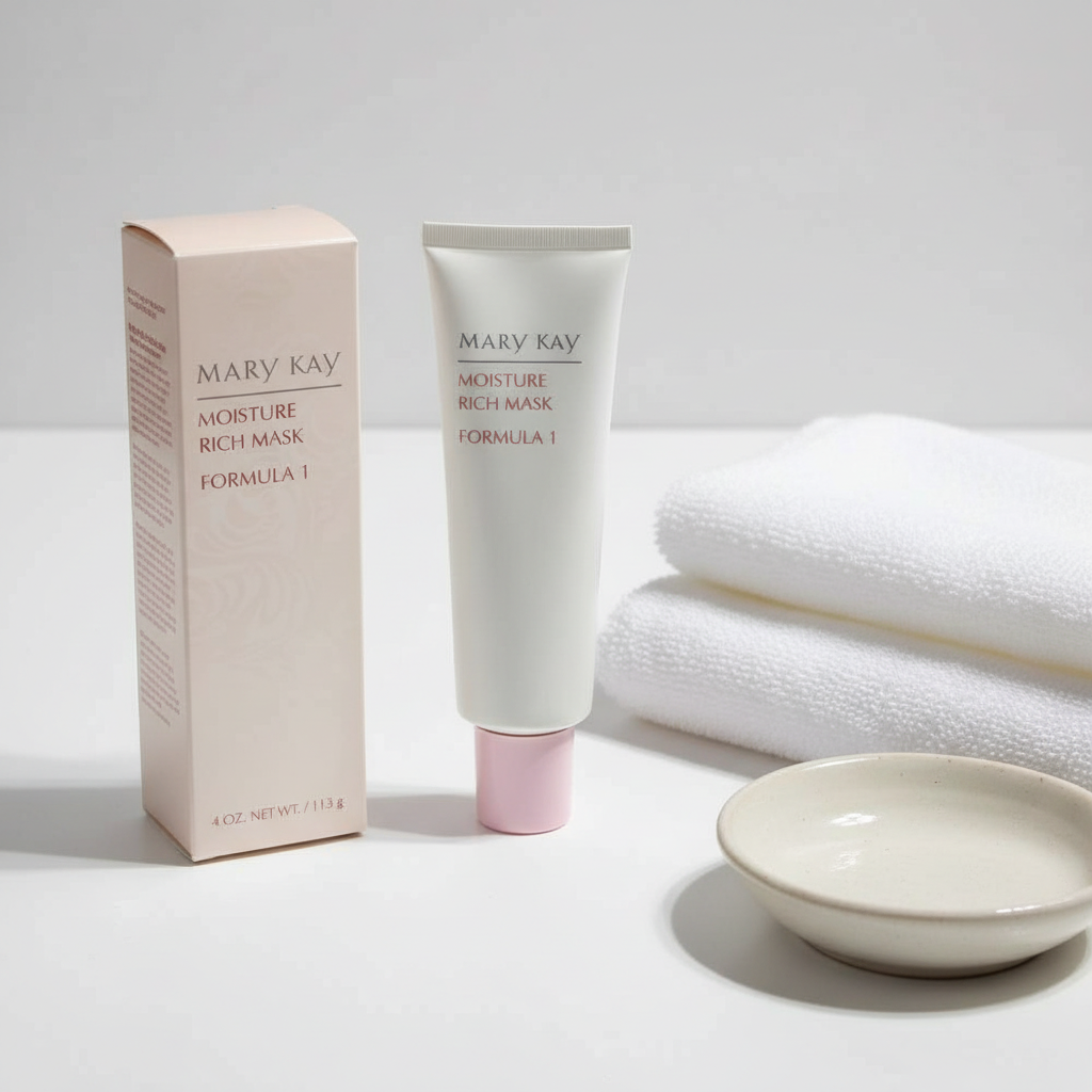 AI-generated contextual image of Mary Kay Moisture Rich Mask Formula 1 Cream Mask 4 oz on a clean vanity