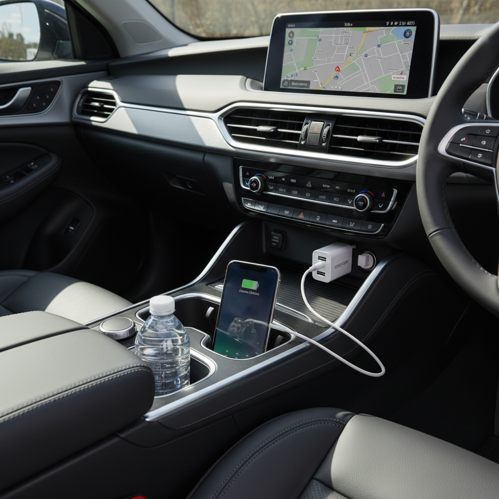 White Case Logic Dual USB Car Charger plugged into car dashboard with iPhone charging via Lightning cable — More4less Outlet