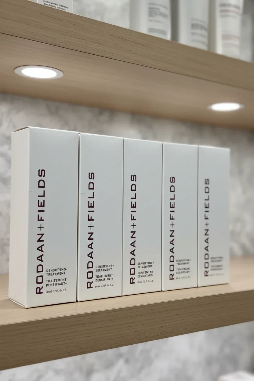 Rodan + Fields Densifying+ Treatment on clean professional salon-style haircare shelf with bright neutral lighting