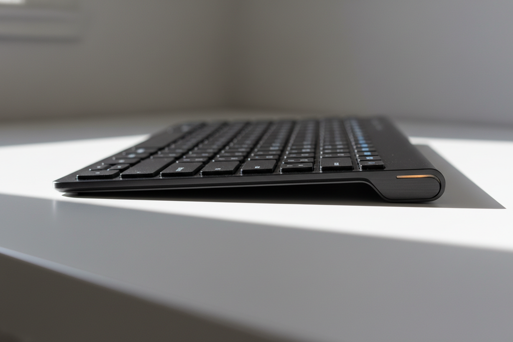 Logitech MK470 Slim Wireless Keyboard side profile showing ultra-thin form factor and low-profile scissor keys – More4less Outlet