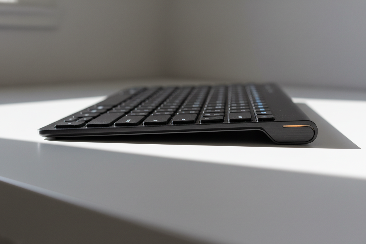 Logitech MK470 Slim Wireless Keyboard side profile showing ultra-thin form factor and low-profile scissor keys – More4less Outlet