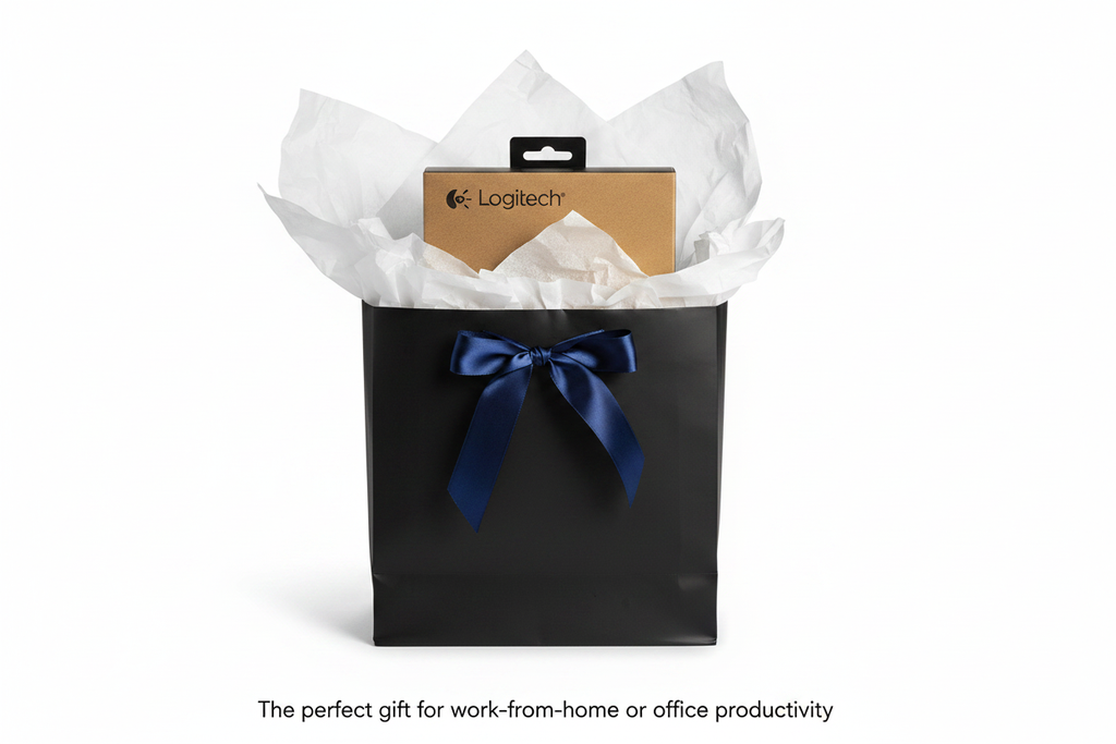 Logitech H570e Mono USB headset retail box as professional work-from-home gift in gift bag with ribbon – More4less Outlet