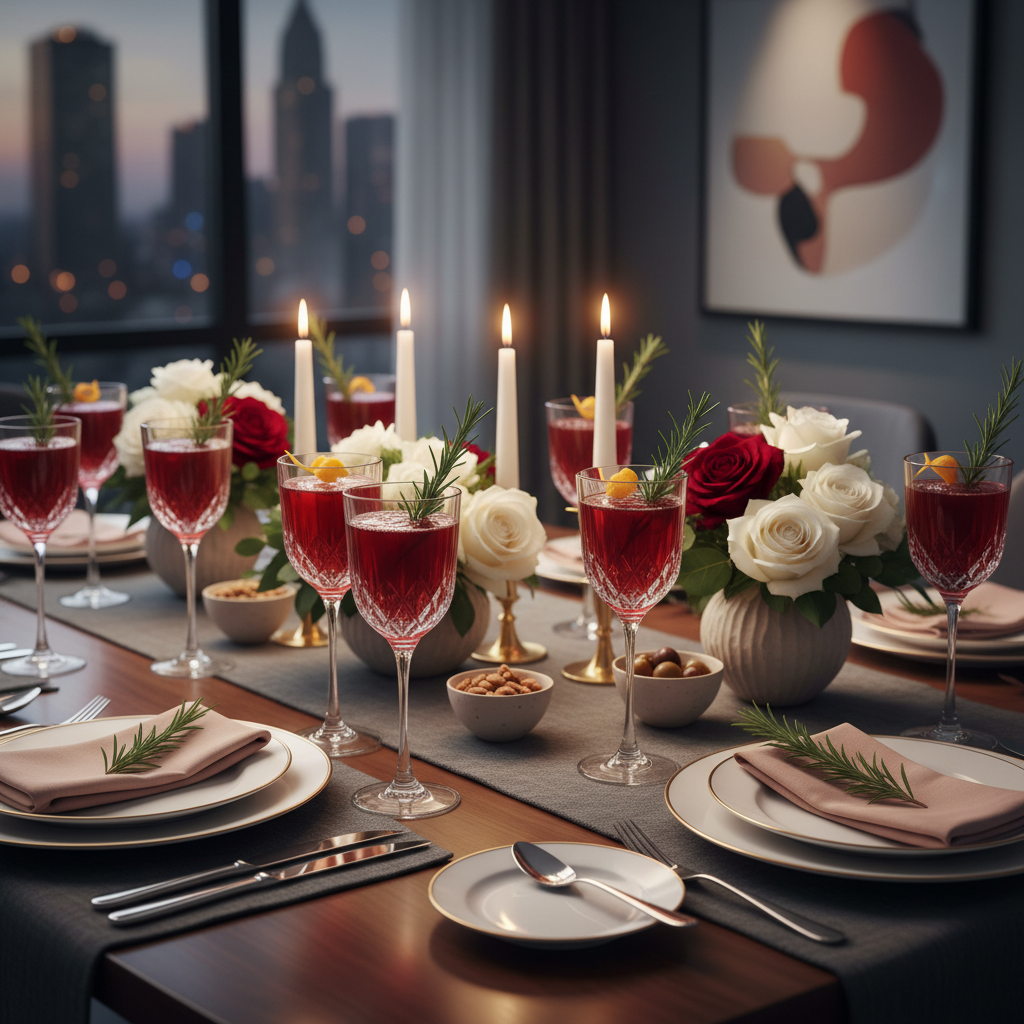 Stylish dinner party setting with stemmed crystal glasses filled with a handcrafted red cocktail garnished with a fresh rosemary sprig