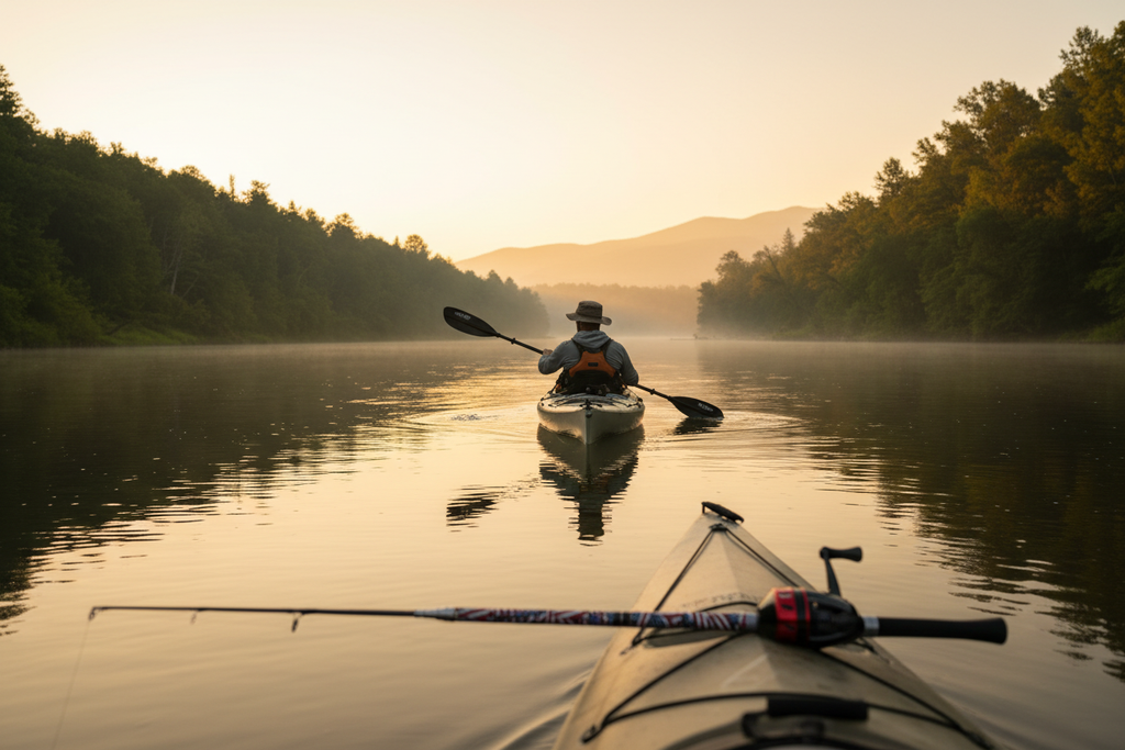 Person kayaking with Profishiency compact telescopic fishing rod — travel fishing combo perfect for kayak and outdoor adventures