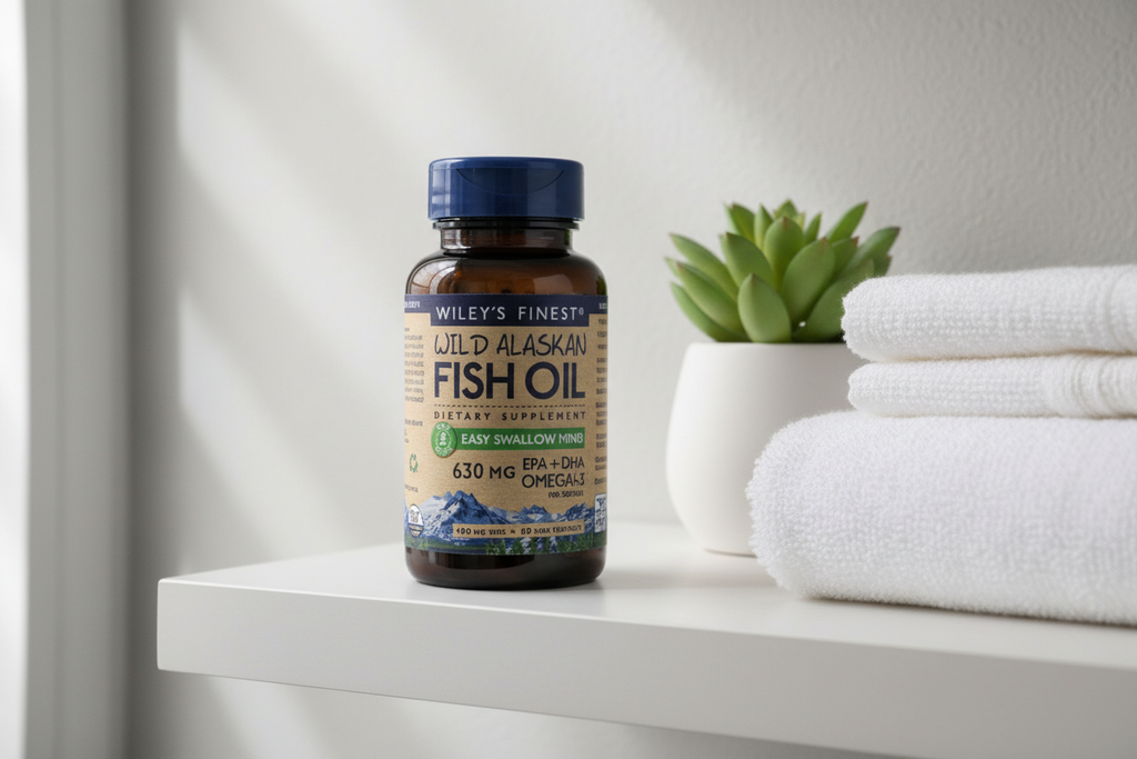 Wiley's Finest Easy Swallow Minis 60 fish oil bottle on bathroom shelf with succulent plant – More4less Outlet