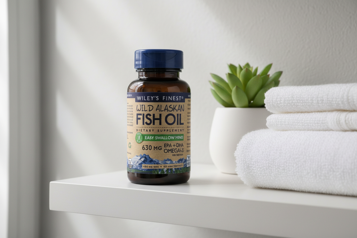 Wiley's Finest Easy Swallow Minis 60 fish oil bottle on bathroom shelf with succulent plant – More4less Outlet