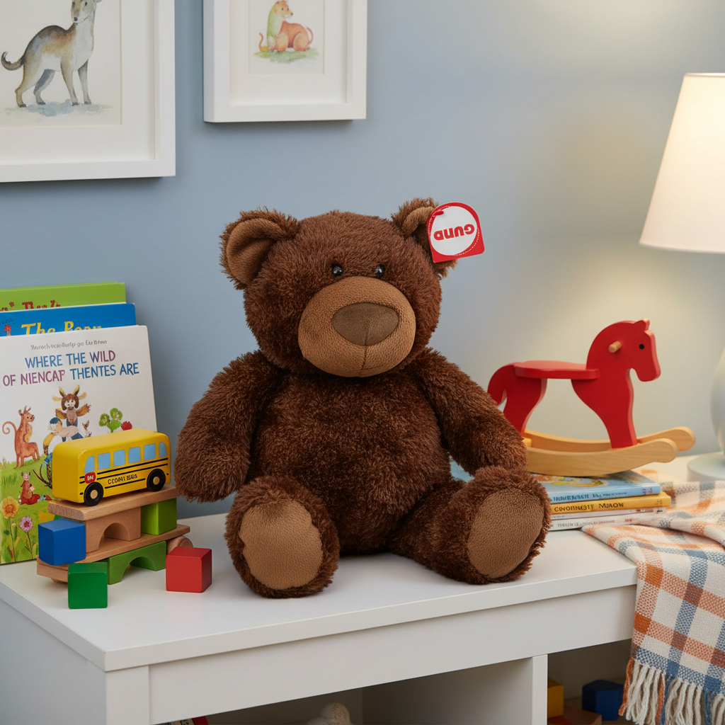GUND Philbin Chocolate Brown Teddy Bear on child bedroom shelf with classic toys storybooks and cozy warm decor - More4less Outlet