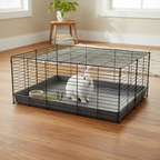 Kaytee Open Living grey waterproof habitat liner inside wire rabbit cage with white rabbit, cozy home lifestyle