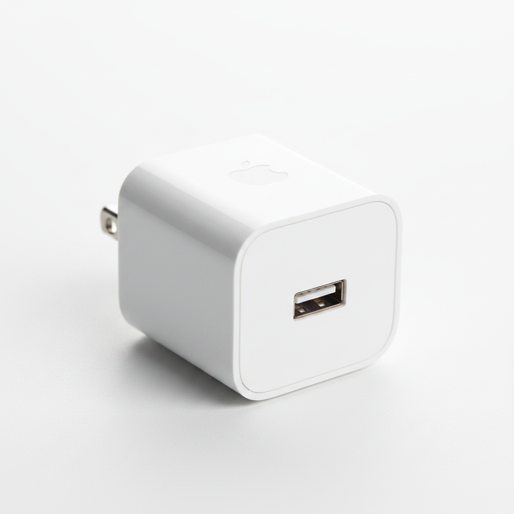 Apple 18W USB-C Power Adapter close-up showing USB-C port and US prongs detail
