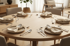 Polished silver flatware set arranged on a contemporary dining table with natural linen napkins in soft warm natural lighting