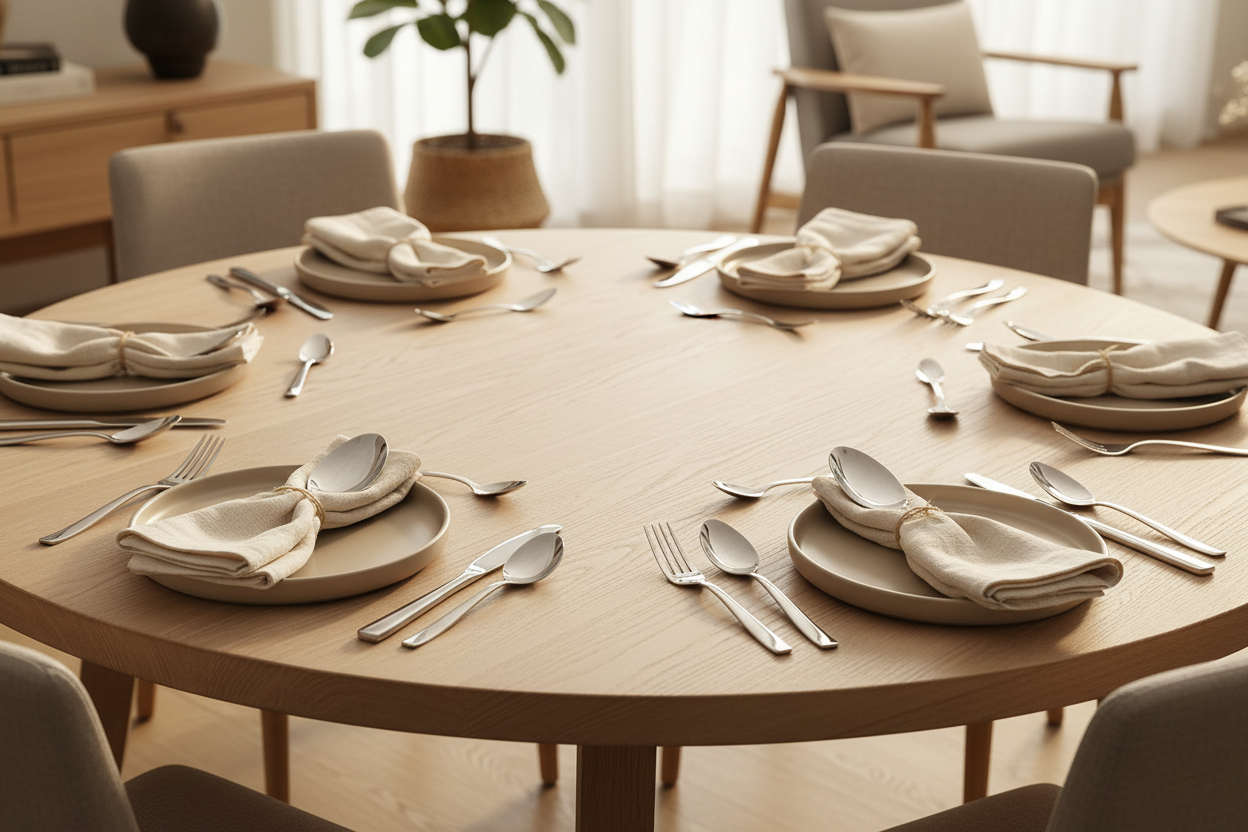 Polished silver flatware set arranged on a contemporary dining table with natural linen napkins in soft warm natural lighting