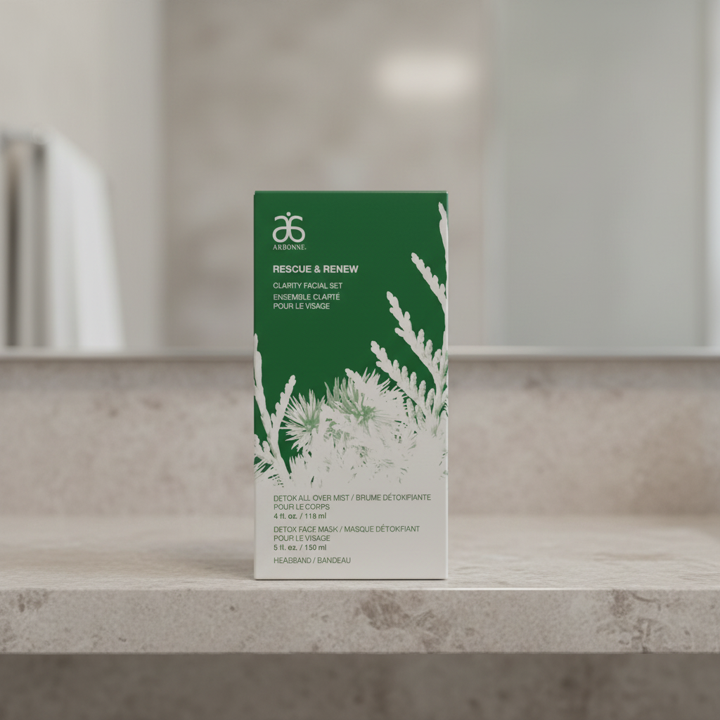 Arbonne Rescue & Renew Clarity Facial Set box on a neutral stone bathroom shelf