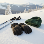 Heat Holders black thermal winter gloves flat lay with ski poles and beanie on fresh snow — More4less Outlet