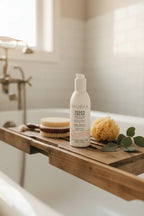 Pacifica Vegan Cream Gel Cleanser on wooden bathtub caddy with body brush, loofah and eucalyptus — More4less Outlet