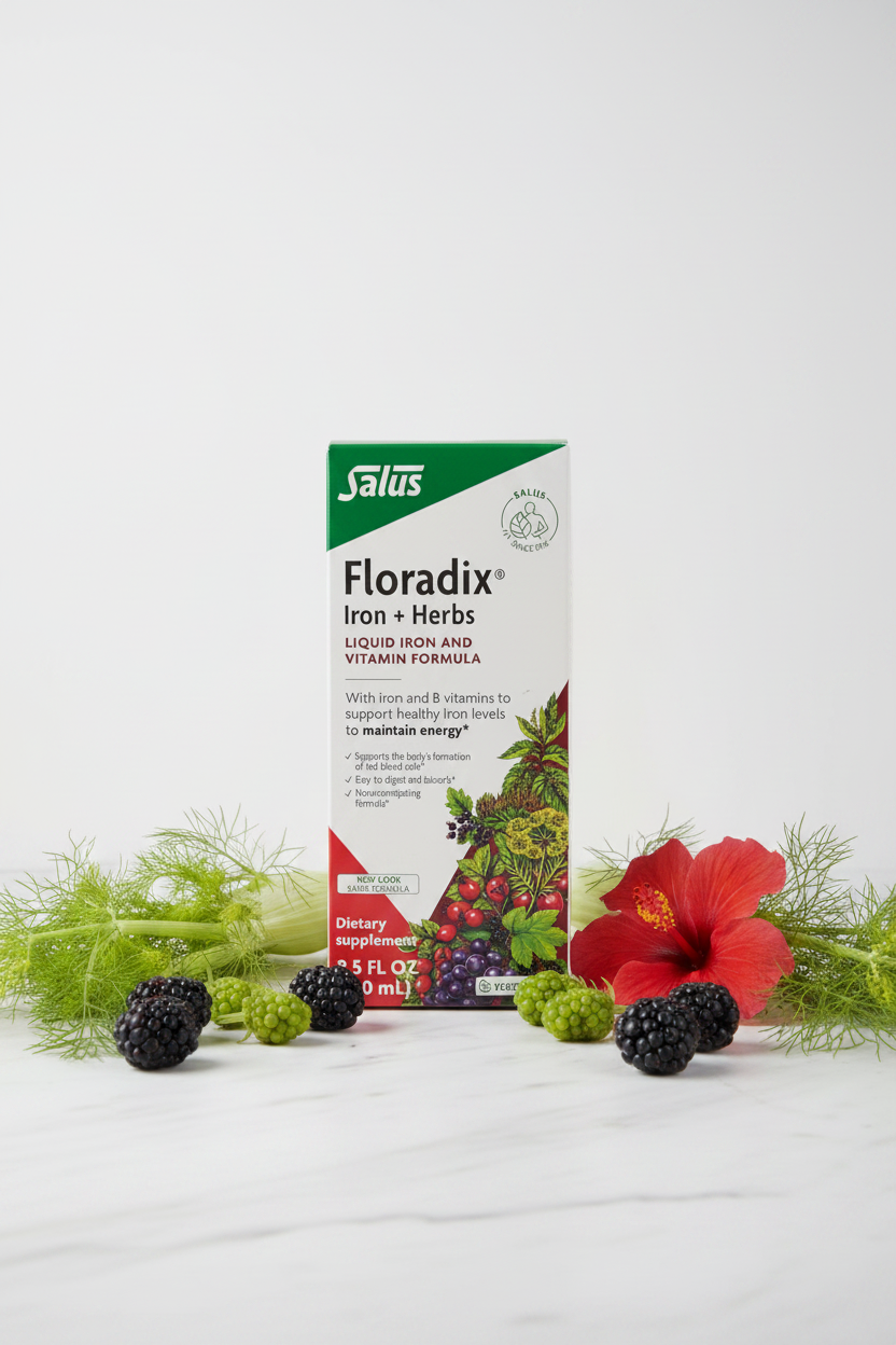 Salus Floradix Iron and Herbs Liquid Formula 250ml retail box on white marble with green and red botanical props, blackberries, fennel, and hibiscus flowers, minimalist studio photography – More4less Outlet
