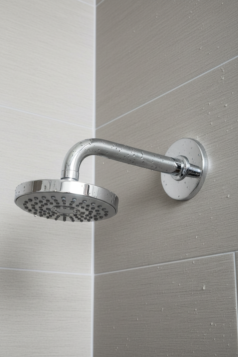 Grohe Classic II polished chrome shower arm with dome flange installed on grey textured tile shower wall with water droplets on chrome surface