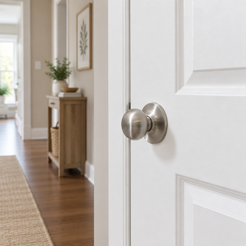 AI-generated lifestyle photo of the satin nickel passage knob installed on an interior hallway closet door