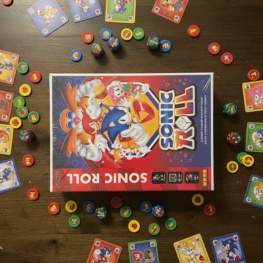 Sonic Roll board game by KESS Entertainment — factory-sealed retail box flat-lay on dark wooden game table alongside custom acrylic dice, colorful game tokens, and scattered game cards — exciting tabletop game night flat-lay