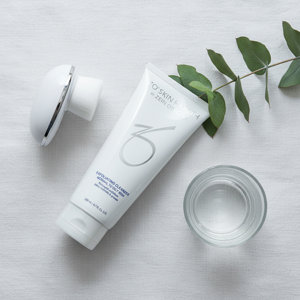 ZO Skin Health Exfoliating Cleanser 200mL flat lay on white linen with facial cleansing brush, glass of water and eucalyptus