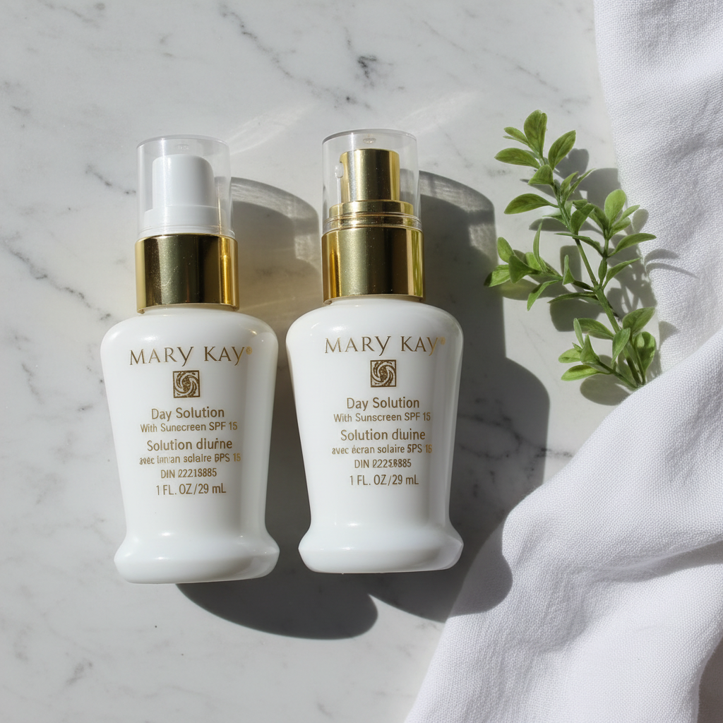 Mary Kay TimeWise Day Solution Sunscreen bottles on white marble surface with green botanicals and white linen cloth