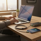 Person at desk charging iPhone with colorful braided Kevlar USB-A to Lightning cable — More4less Outlet