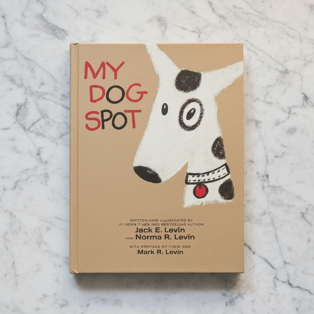 Front-facing studio shot of My Dog Spot hardcover children's book on clean marble surface
