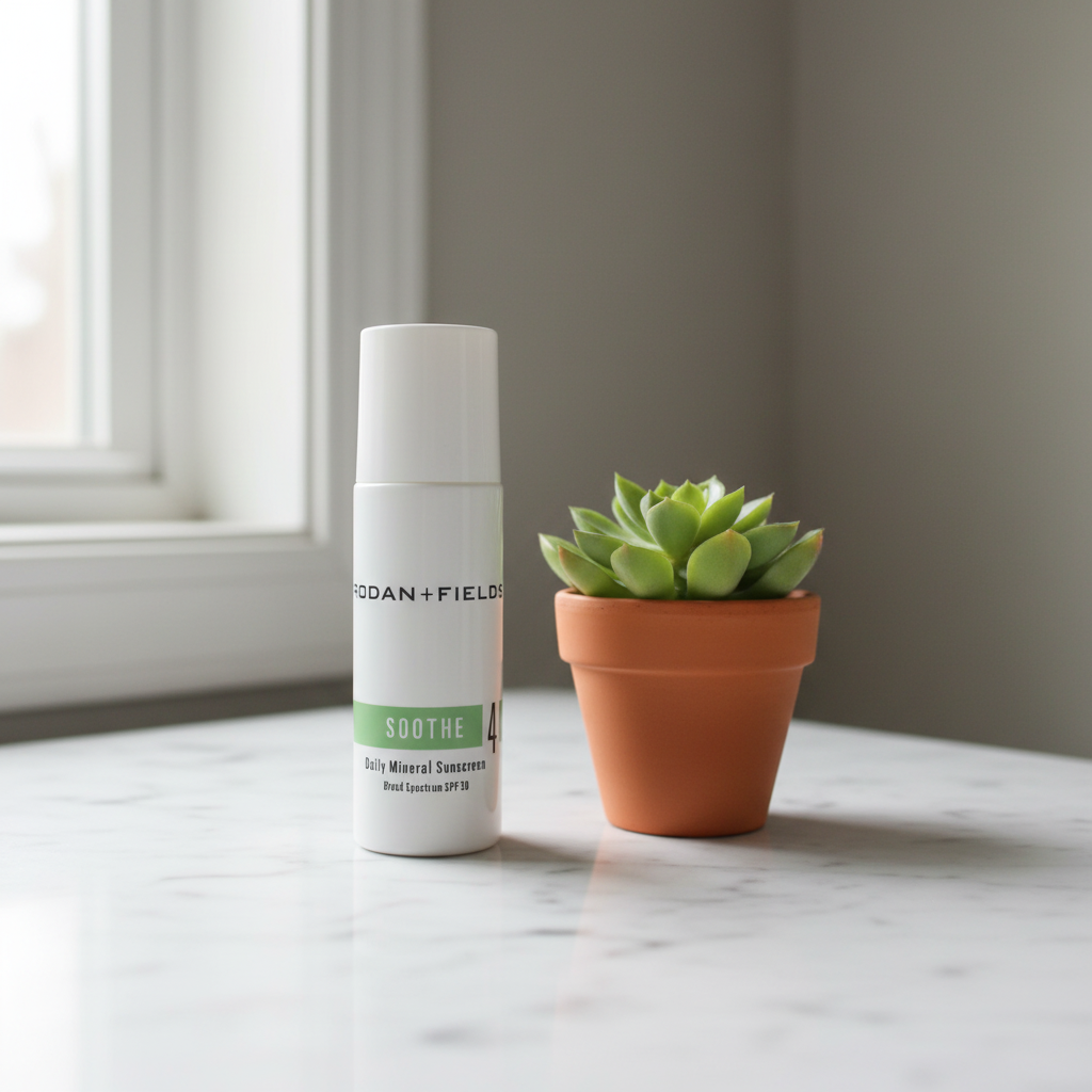Rodan + Fields SOOTHE Daily Mineral Sunscreen SPF 30 on marble bathroom vanity with succulent.