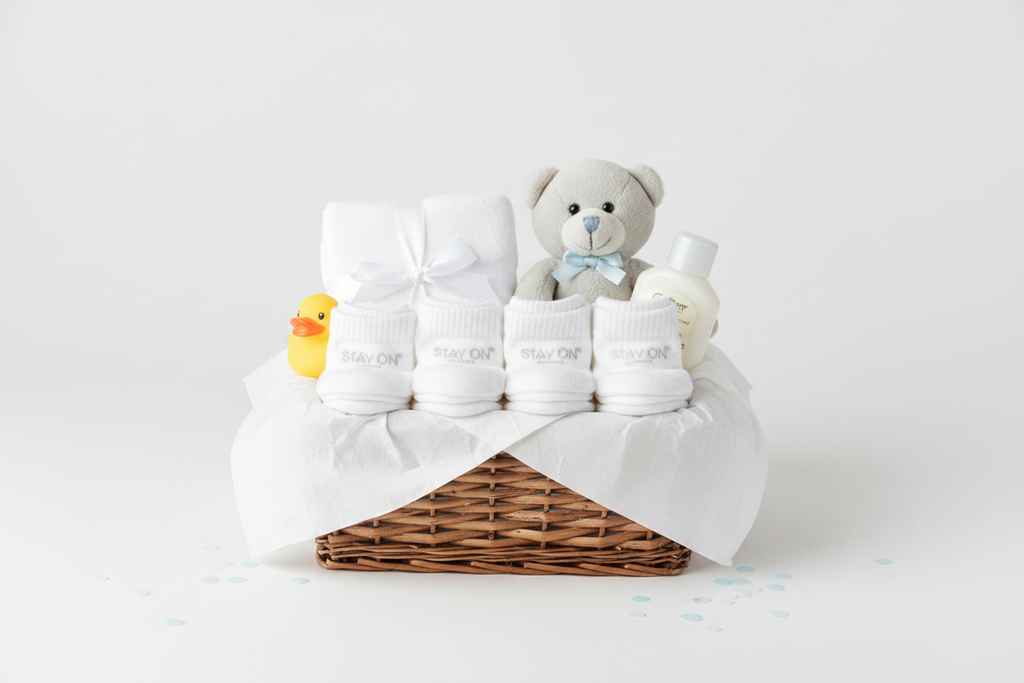 Gerber Baby Wiggle Proof Stay On white socks in baby shower gift basket with newborn items – More4less Outlet