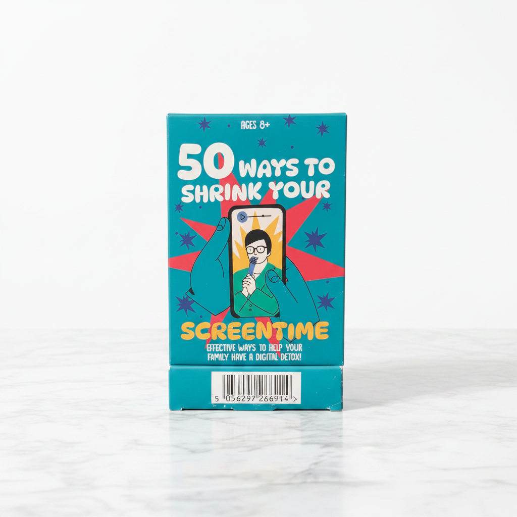 50 Ways to Shrink Your Screentime card game box on marble counter - studio shot