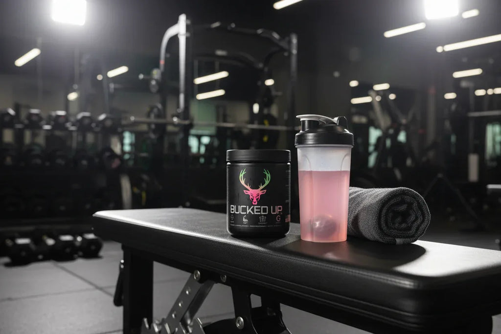 Bucked Up Pre-Workout Strawberry Kiwi on gym weight bench with shaker bottle — sports energy supplement lifestyle
