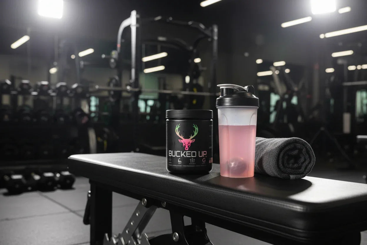 Bucked Up Pre-Workout Strawberry Kiwi on gym weight bench with shaker bottle — sports energy supplement lifestyle