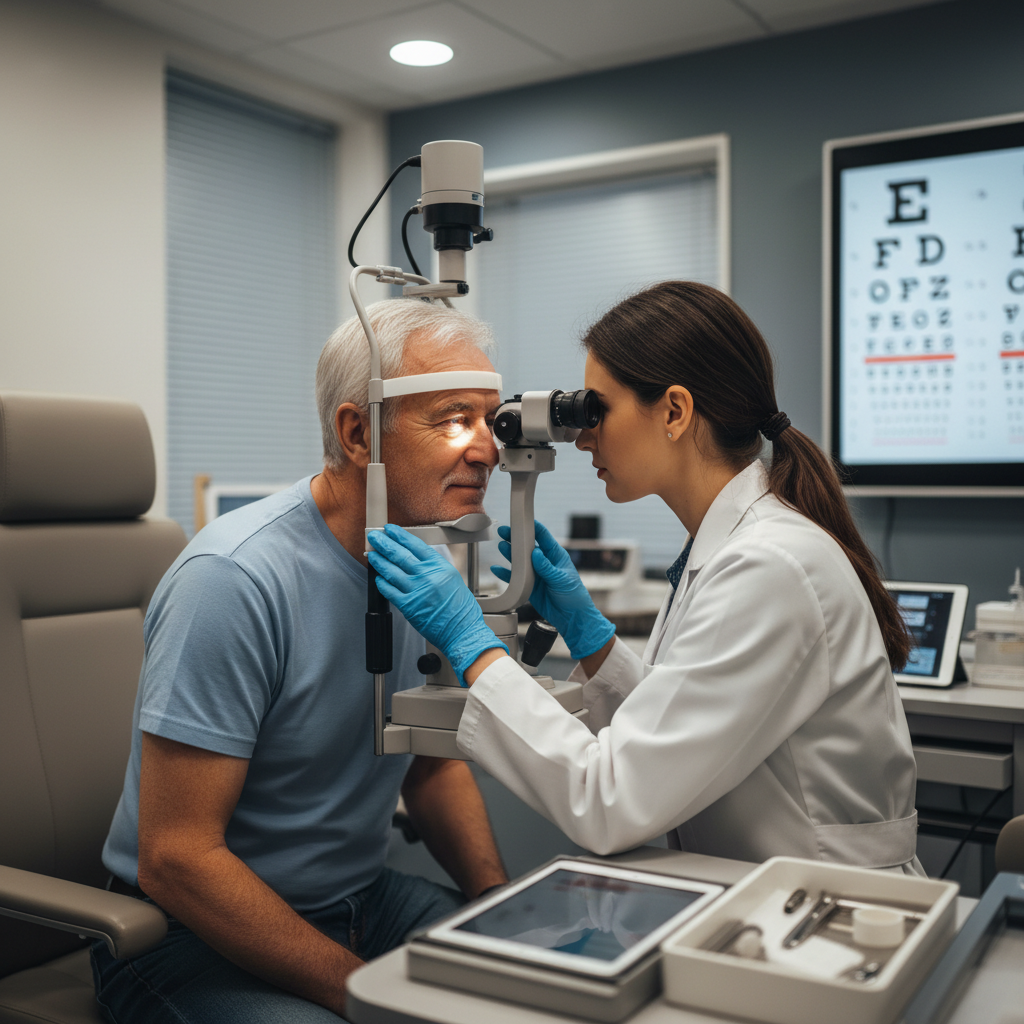 Older adult man receiving routine eye checkup at ophthalmologist office