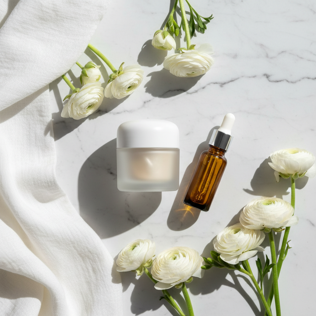 Elegant flat lay of eye cream jar with retinol serum dropper and white flowers on marble