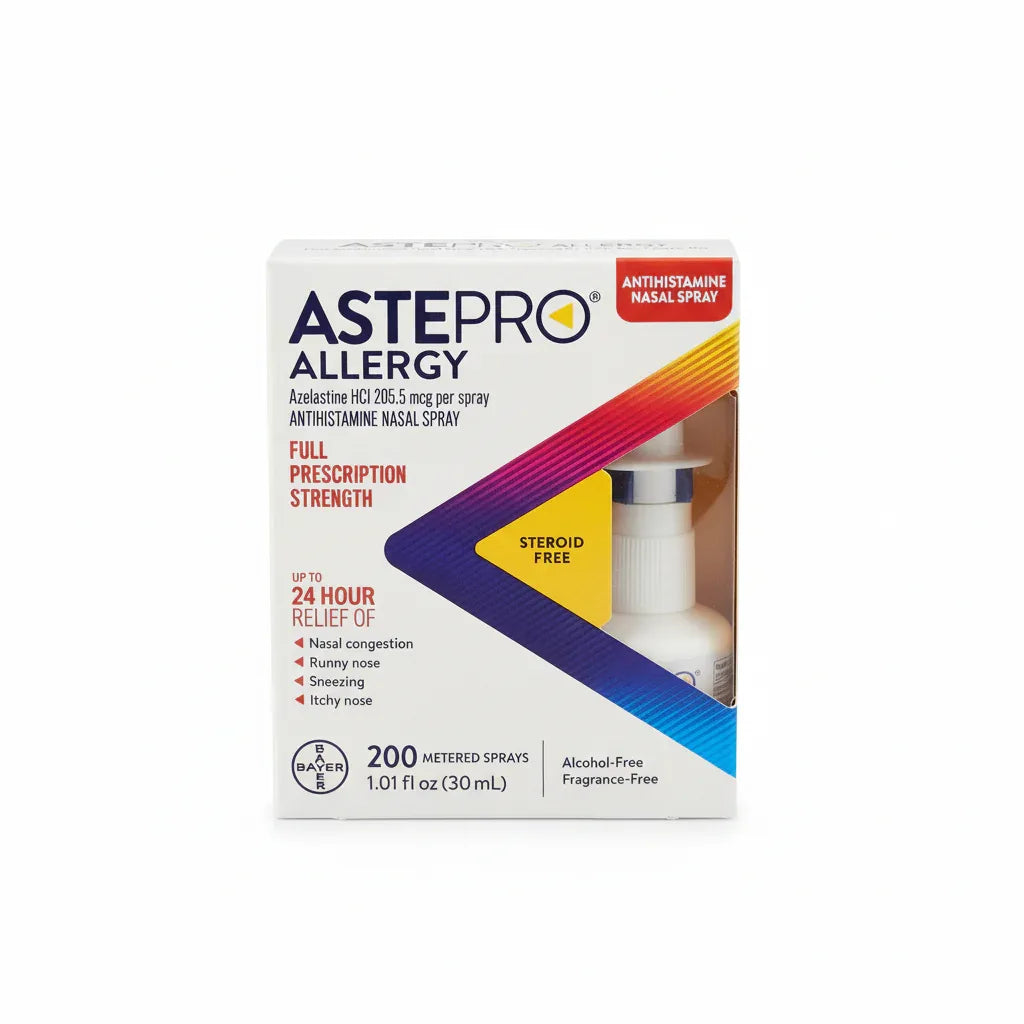 Astepro Allergy 200 spray nasal spray studio white background lifestyle image