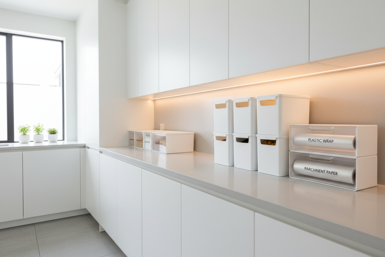 Bright modern kitchen with organized white storage bins and wrap dispensers on a clean grey countertop