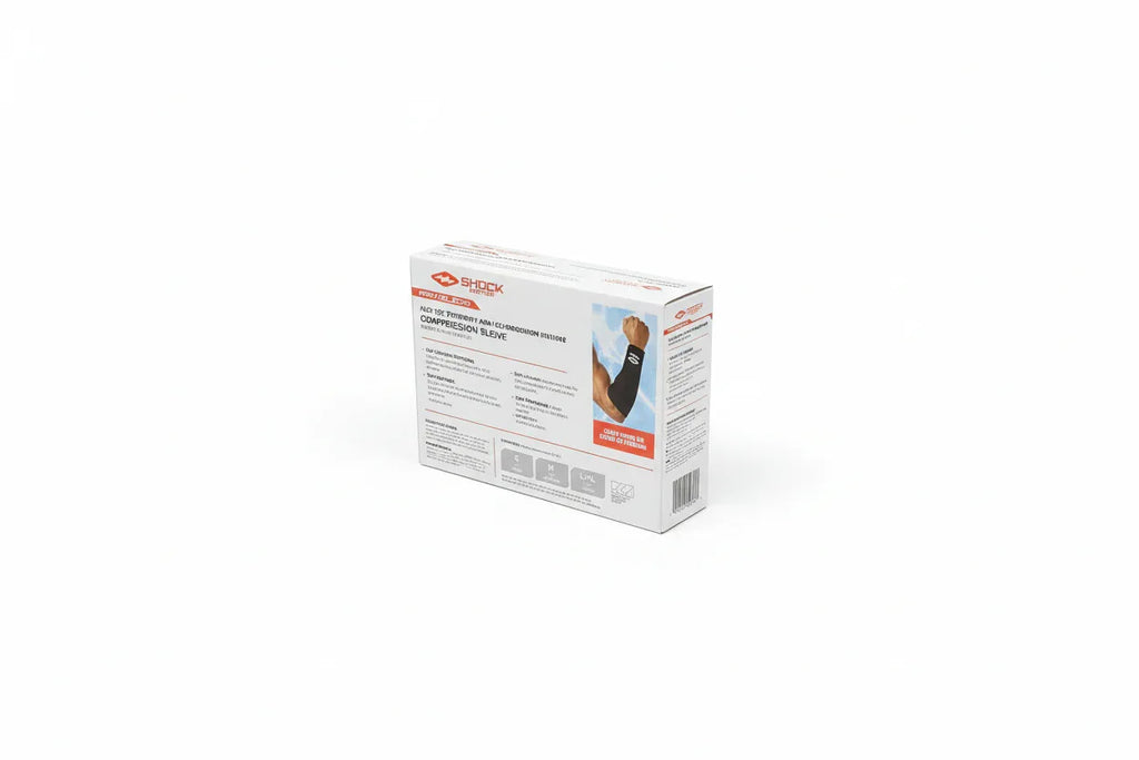 Shock Doctor Flex Ice arm elbow compression sleeve retail box on white studio background