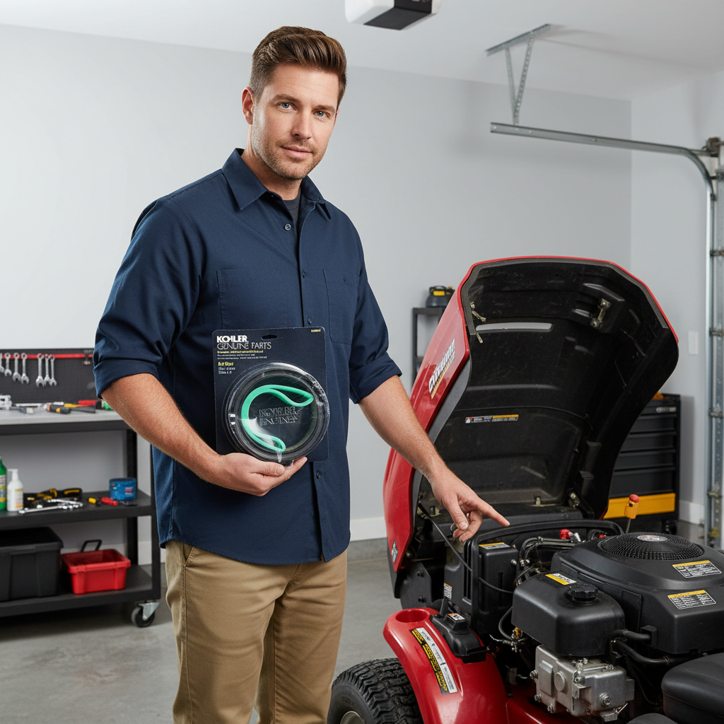 Man performing lawn mower maintenance in garage holding Kohler Genuine Parts Air Filter with green foam pre-cleaner