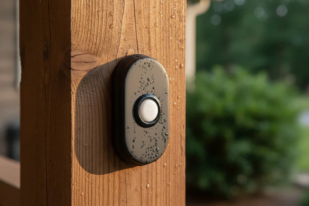 Baldwin Arch Doorbell Button Matte Black mounted on rustic cedar wood porch post