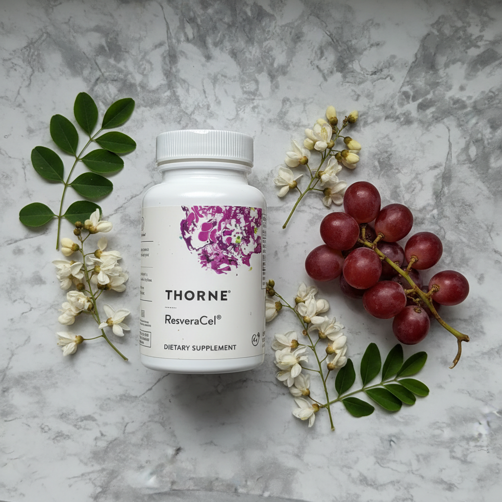 Flat lay of Thorne ResveraCel bottle with fresh red grapes sophora flowers and green leaves on white marble