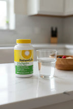 Renew Life Prebiotic Fiber bottle on white quartz kitchen counter next to glass of water and wooden breakfast bowl