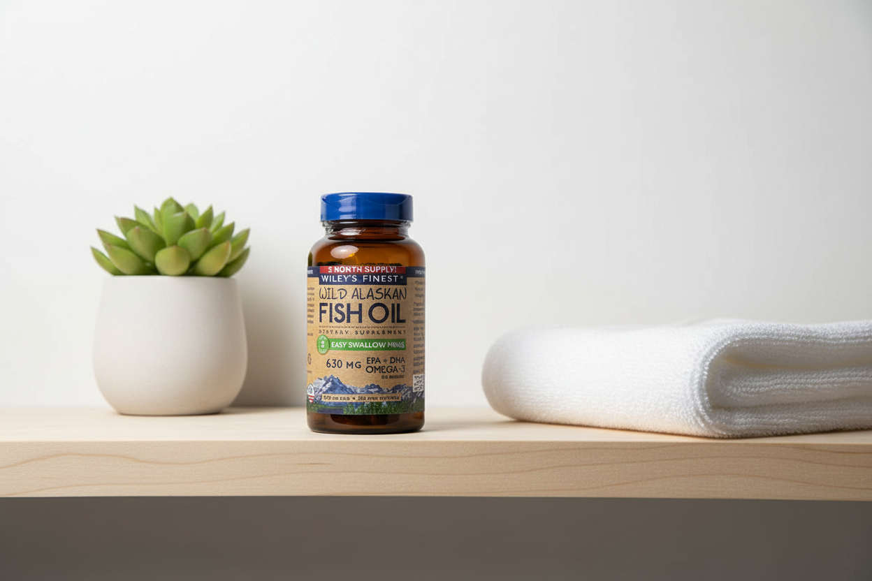 Wiley's Finest Easy Swallow Minis fish oil bottle on bathroom shelf with succulent plant – More4less Outlet