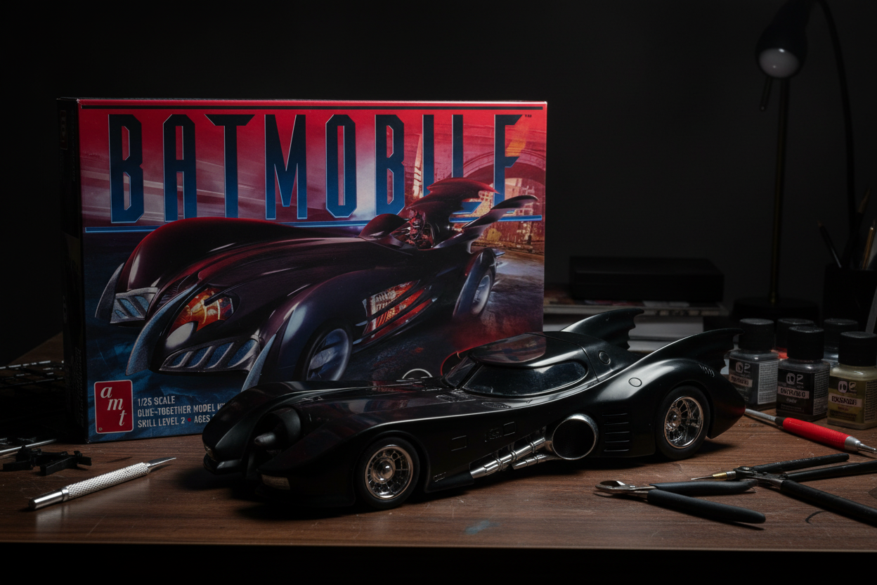 AMT 1/25 scale Batman and Robin Batmobile model kit fully assembled on dark wood hobby desk with model building tools and dramatic moody lighting