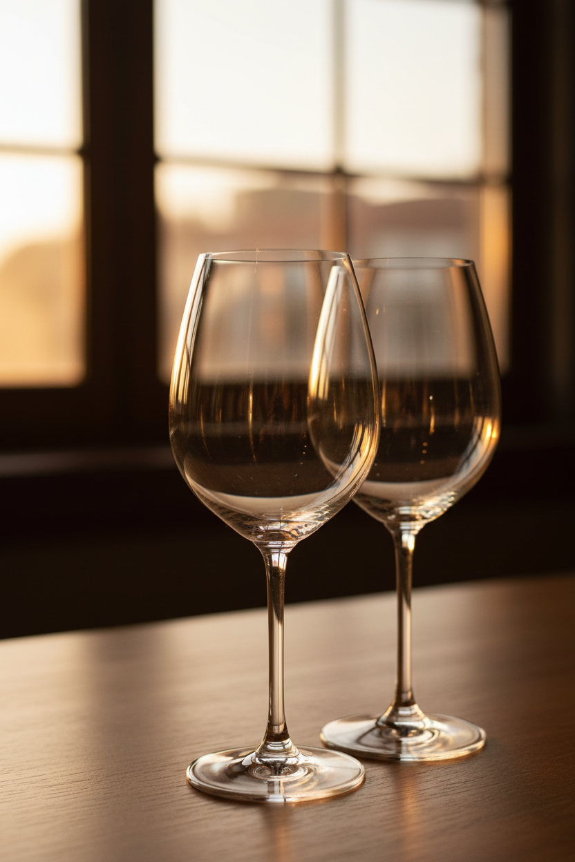 Close-up of sparkling German crystal Riedel Magnum stemware reflecting warm afternoon window light
