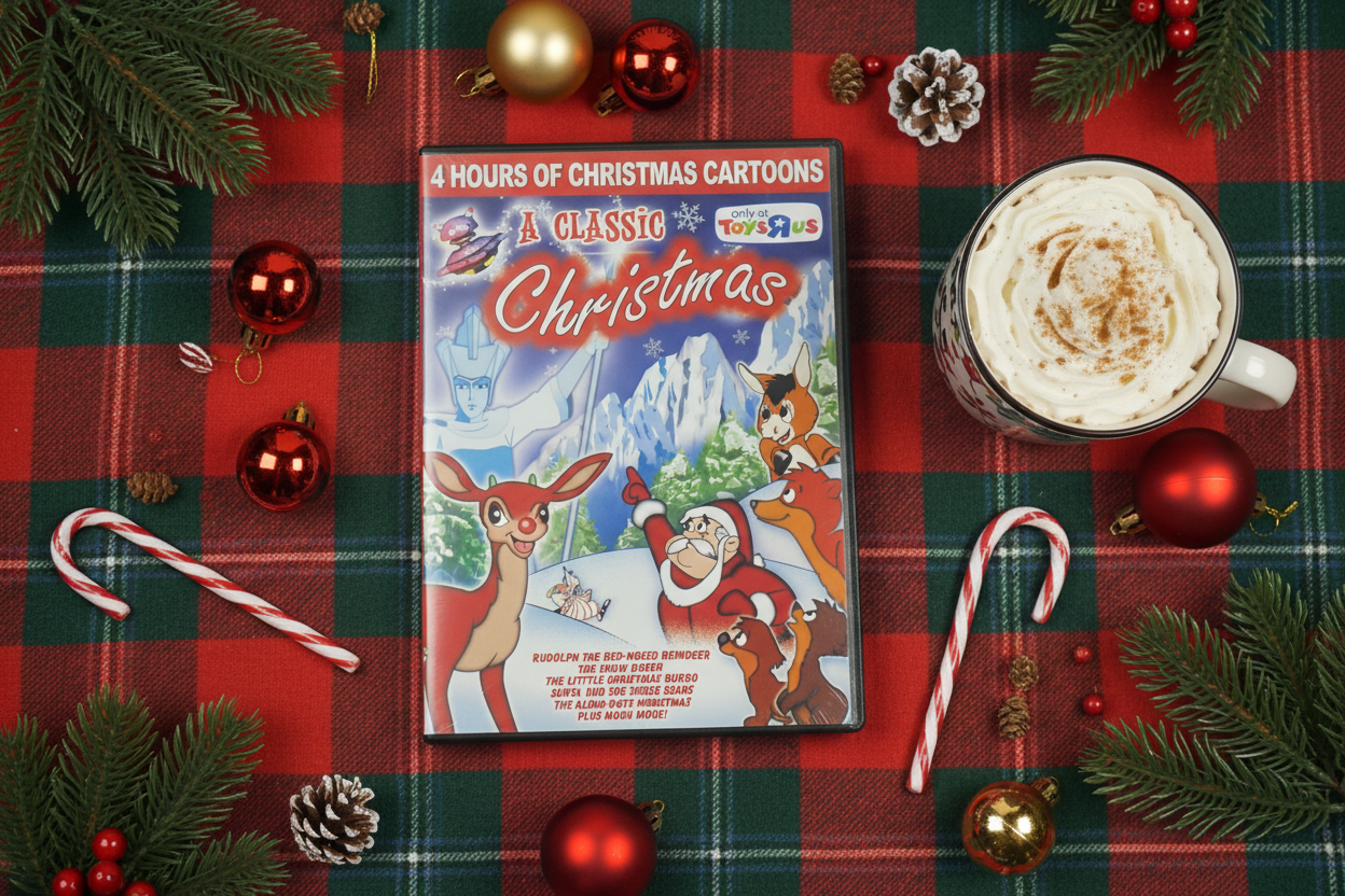A Classic Christmas DVD festive flat lay with Christmas ornaments pine cones candy canes and hot cocoa on red plaid – More4less Outlet