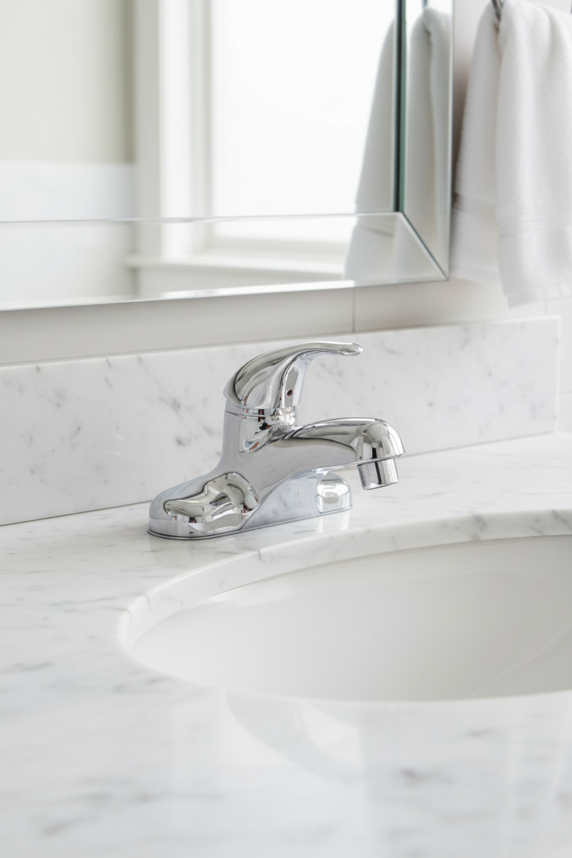 American Standard Colony Soft polished chrome single control lavatory faucet installed on white marble bathroom vanity in morning light