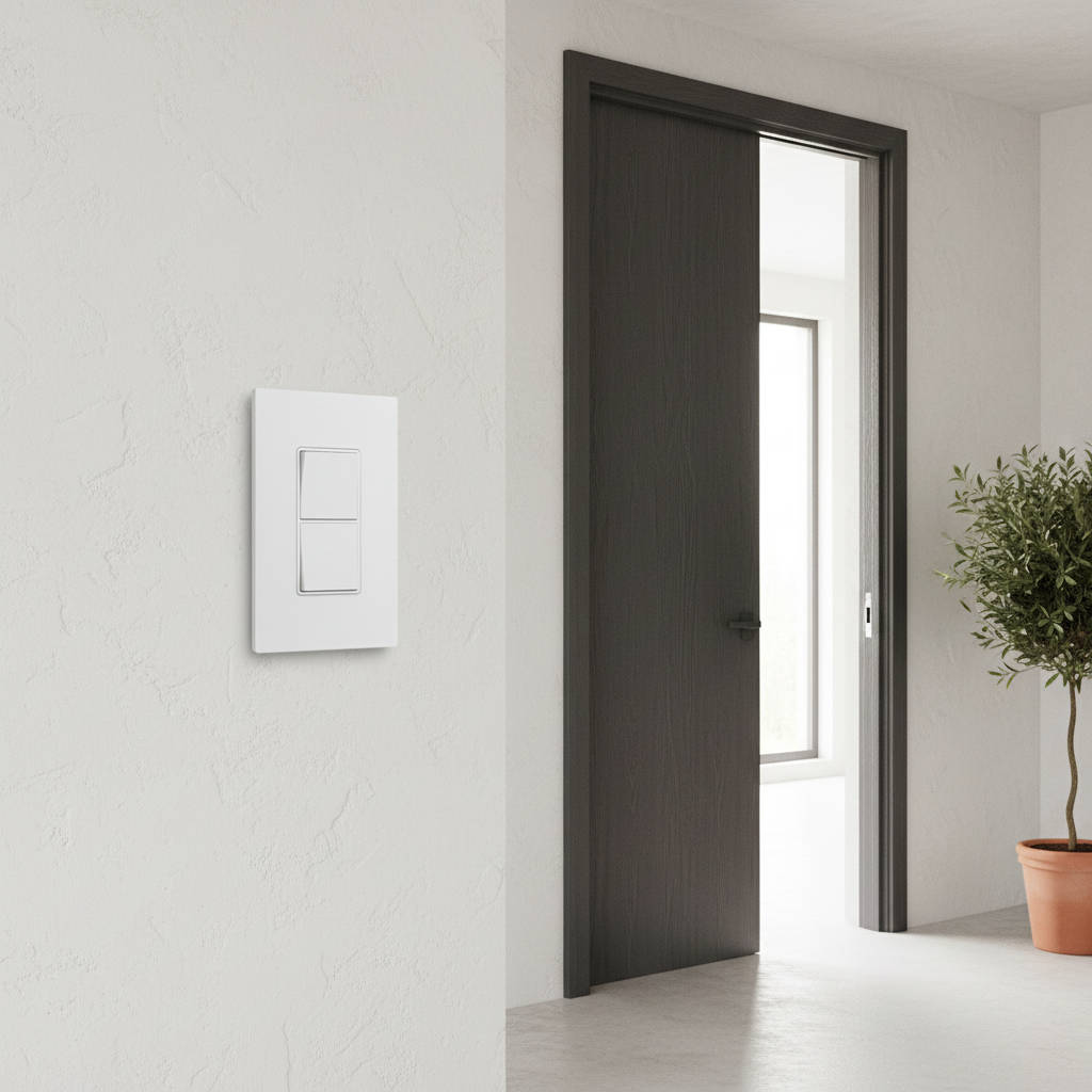 Quirky + GE Tapt Smart Switch installed on clean white textured gallery wall next to high-end designer doorway for sophisticated smart entry look