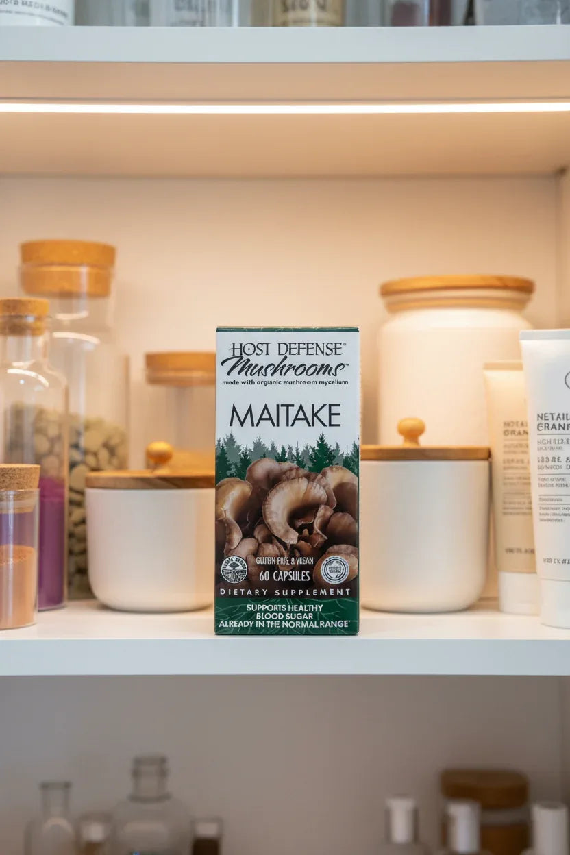 Host Defense Maitake Mushroom 60ct in organized white pantry cabinet with premium health containers — More4less Outlet