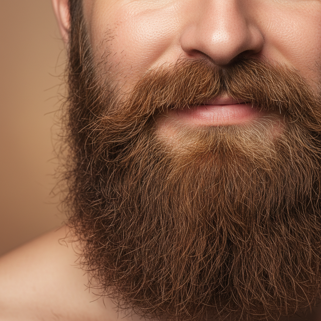 Close-up of a man's well-conditioned, soft, lustrous beard with healthy skin underneath