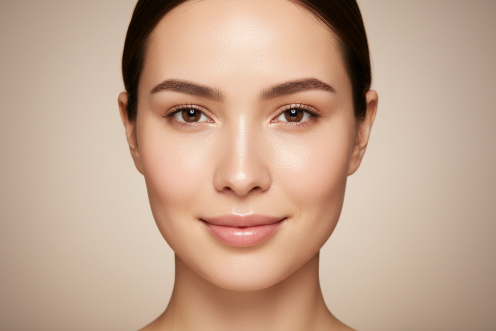 Close-up of woman's clear glowing poreless skin after oily skin clarifying treatment