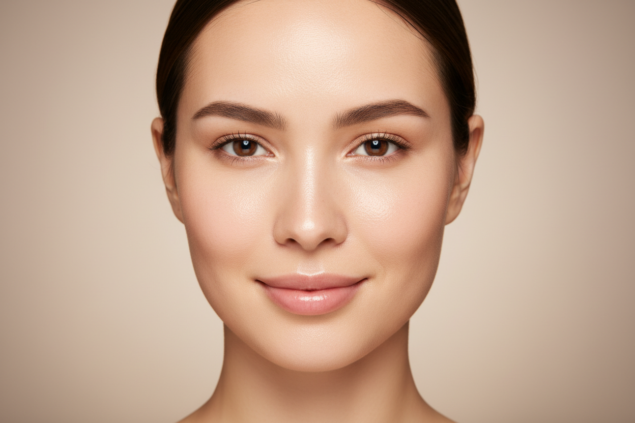 Close-up of woman's clear glowing poreless skin after oily skin clarifying treatment